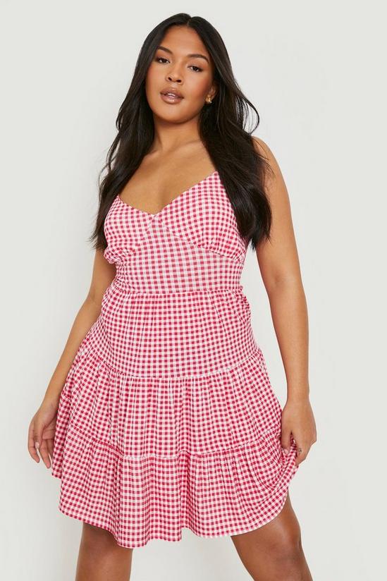boohoo Plus Gingham Strappy Tiered Skater Dress 3