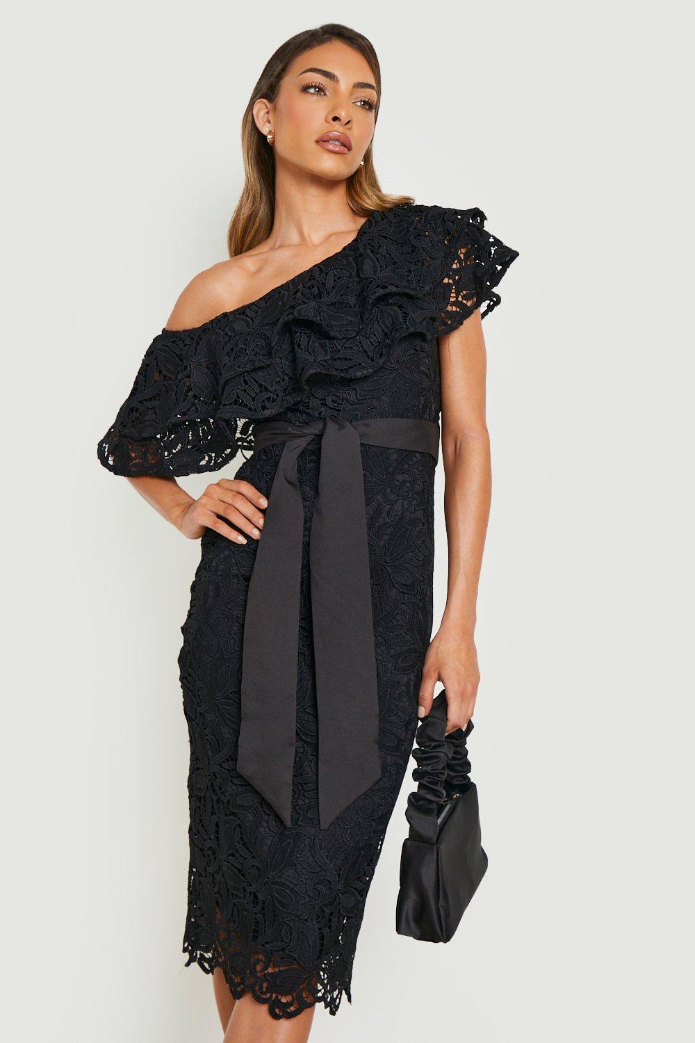 Crochet Lace Asymmetric Frill Midi Dress
