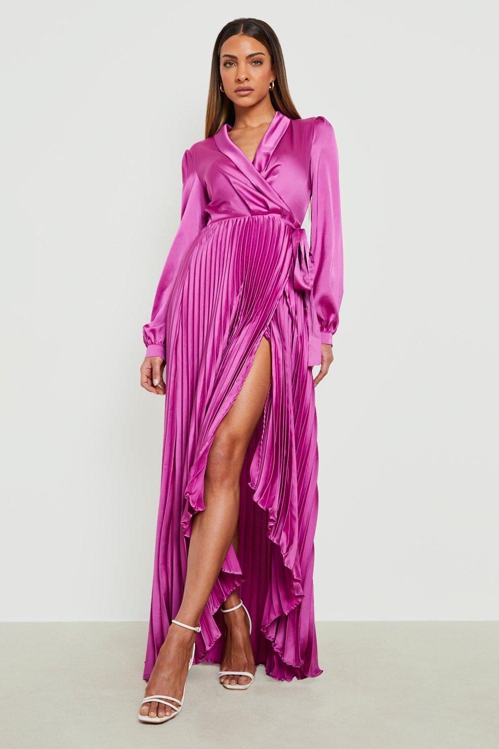 Satin Pleated Wrap Belted Maxi Dress