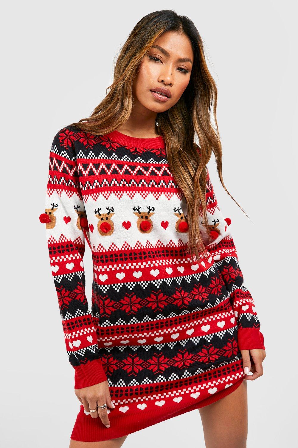 Pom Pom Reindeer Christmas Jumper Dress