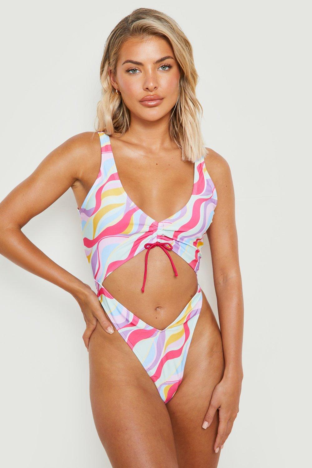Marble Cut Out Tie Ruched Swimsuit