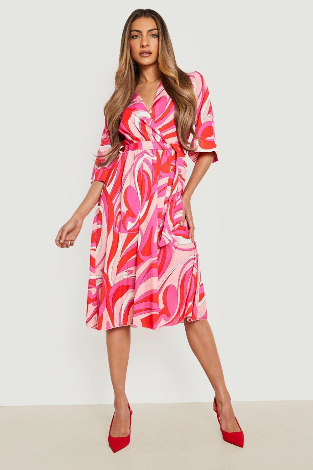 Abstract Wrap Belted Midi Dress
