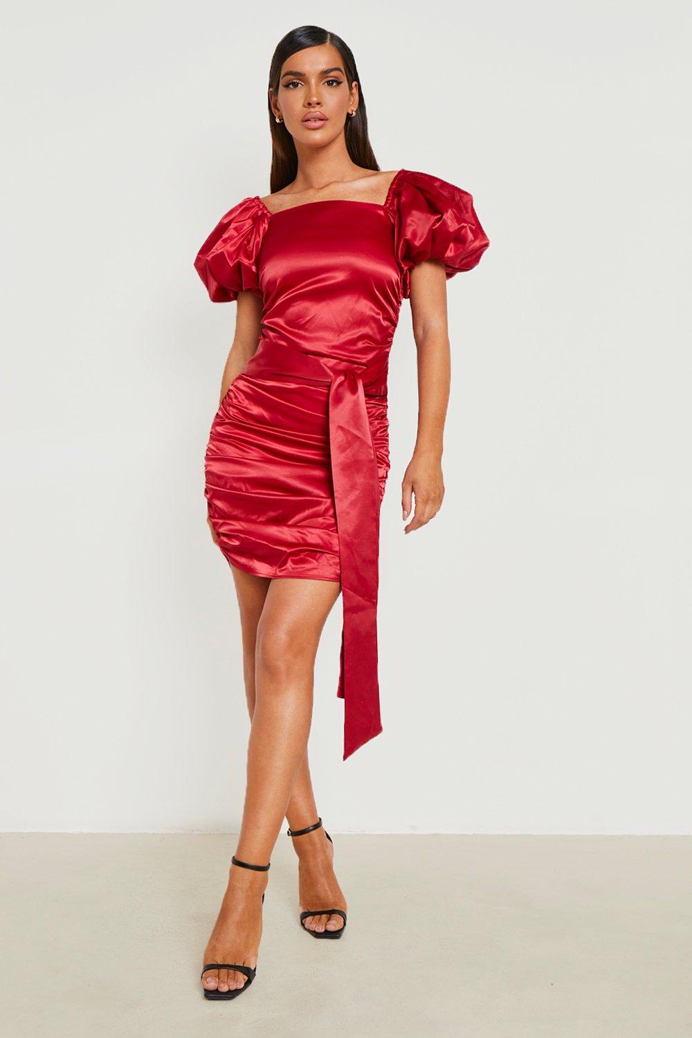 Puff Sleeve Satin Ruched Detail Dress