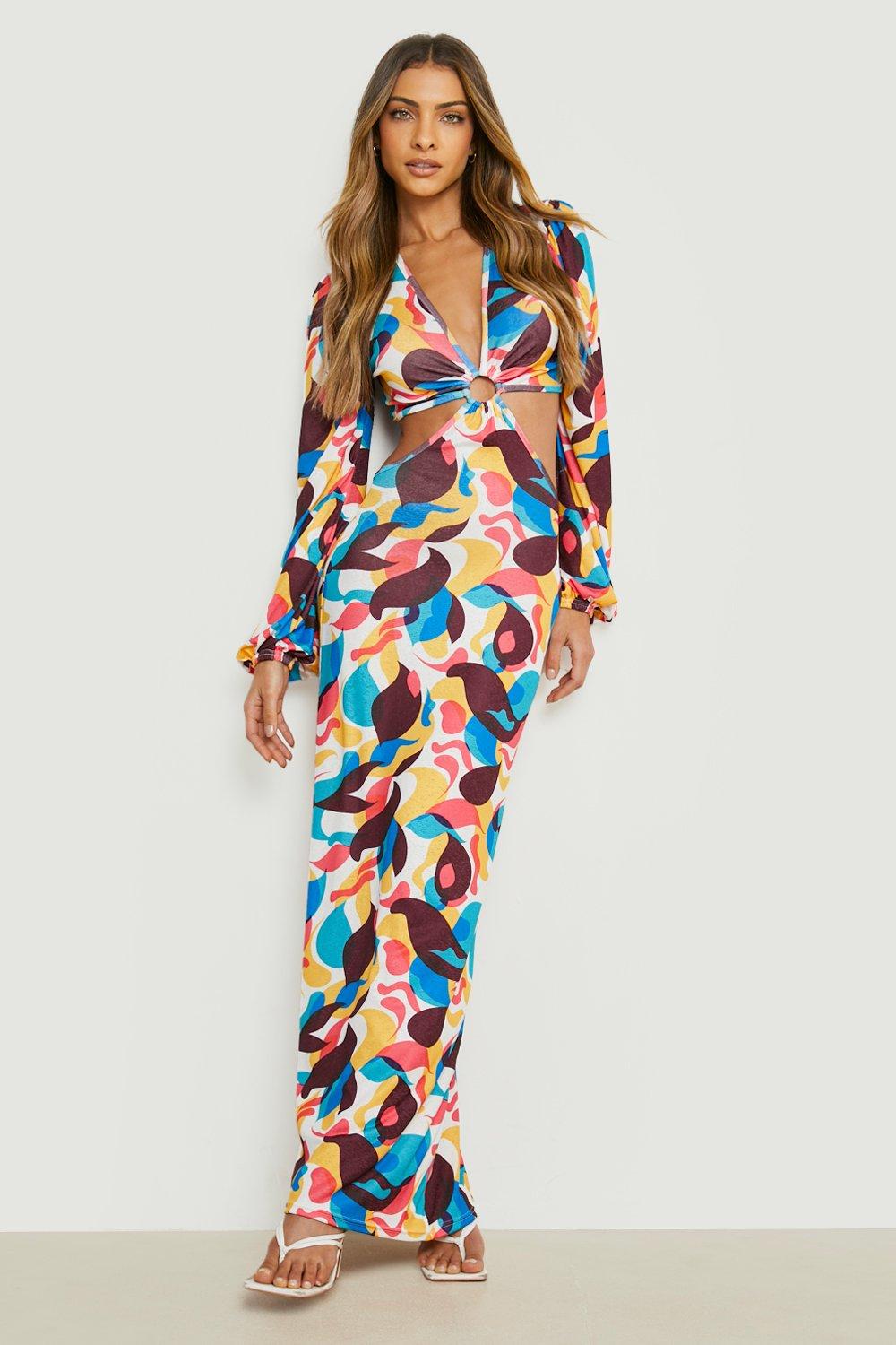 Abstract Ruffle Cut Out Maxi Dress