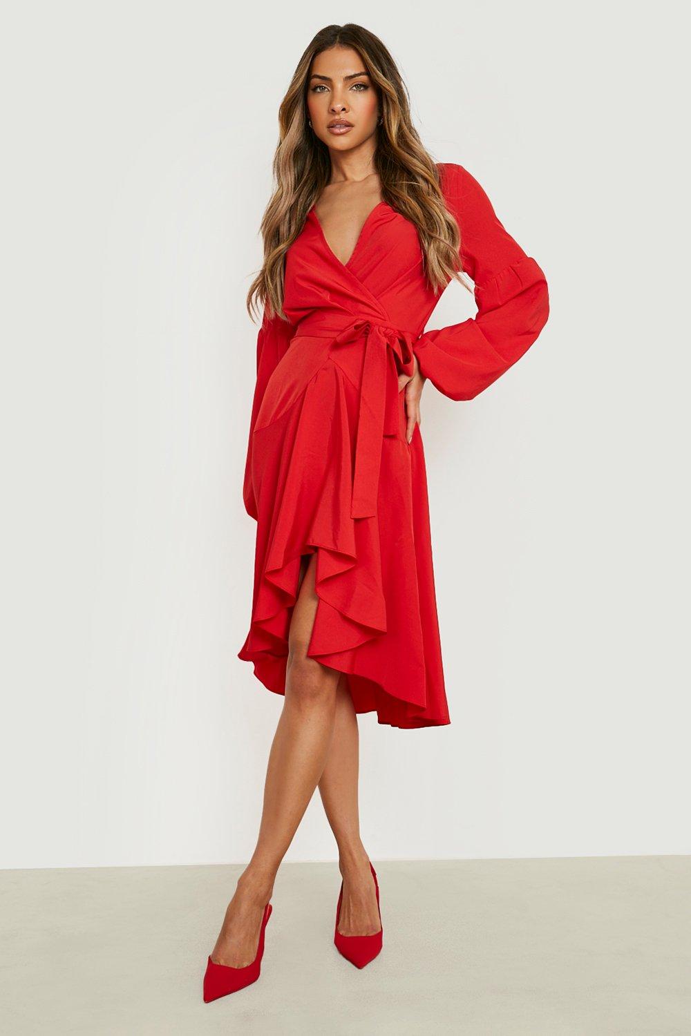 Tie Front Ruched Sleeve Ruffle Midi Dress