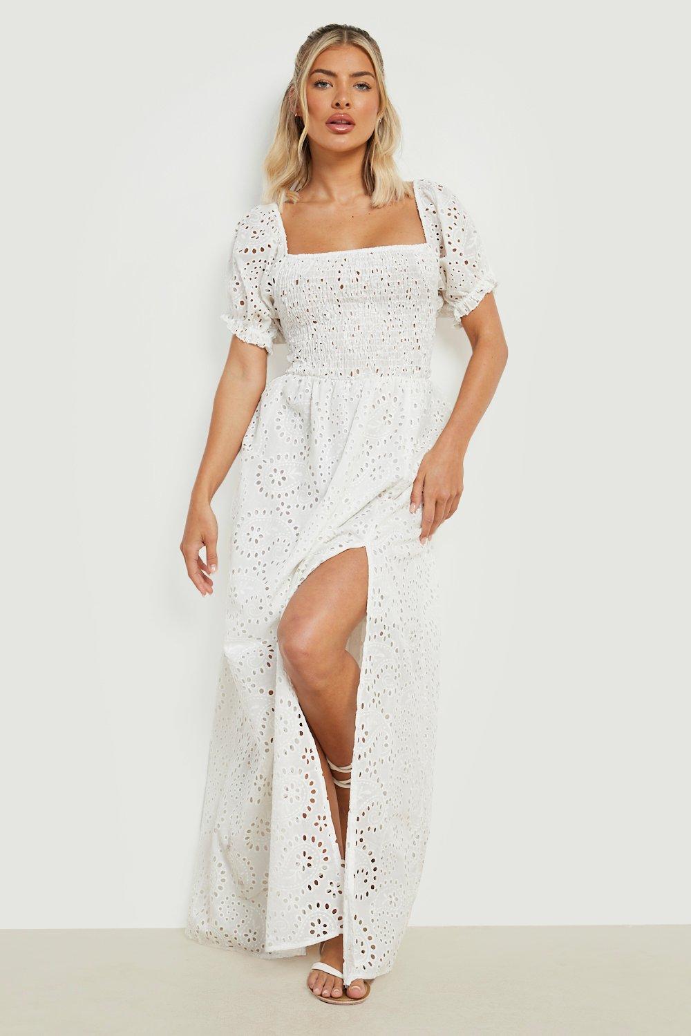 Broderie Shirred Puff Sleeve Maxi Dress