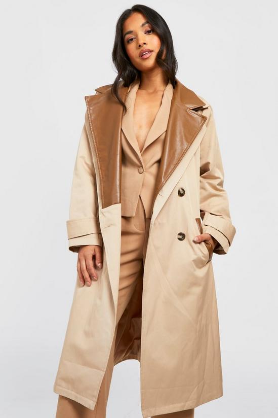 boohoo Petite Pu Contrast Belted Trench Coat 3