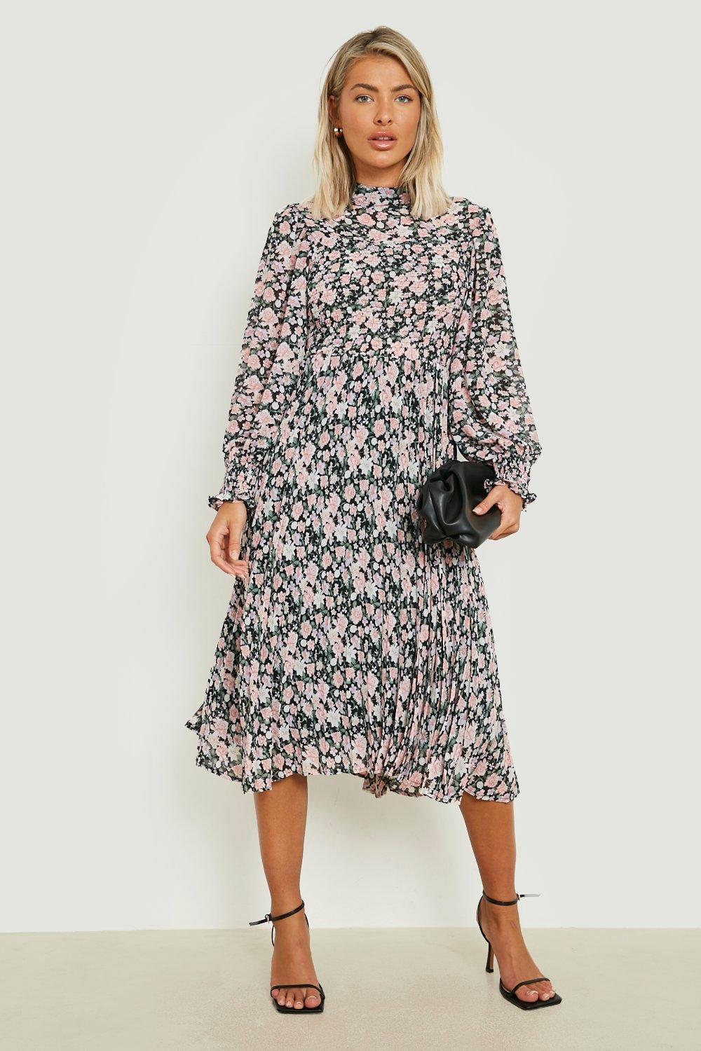 Floral Shirred High Neck Pleated Midi Dress