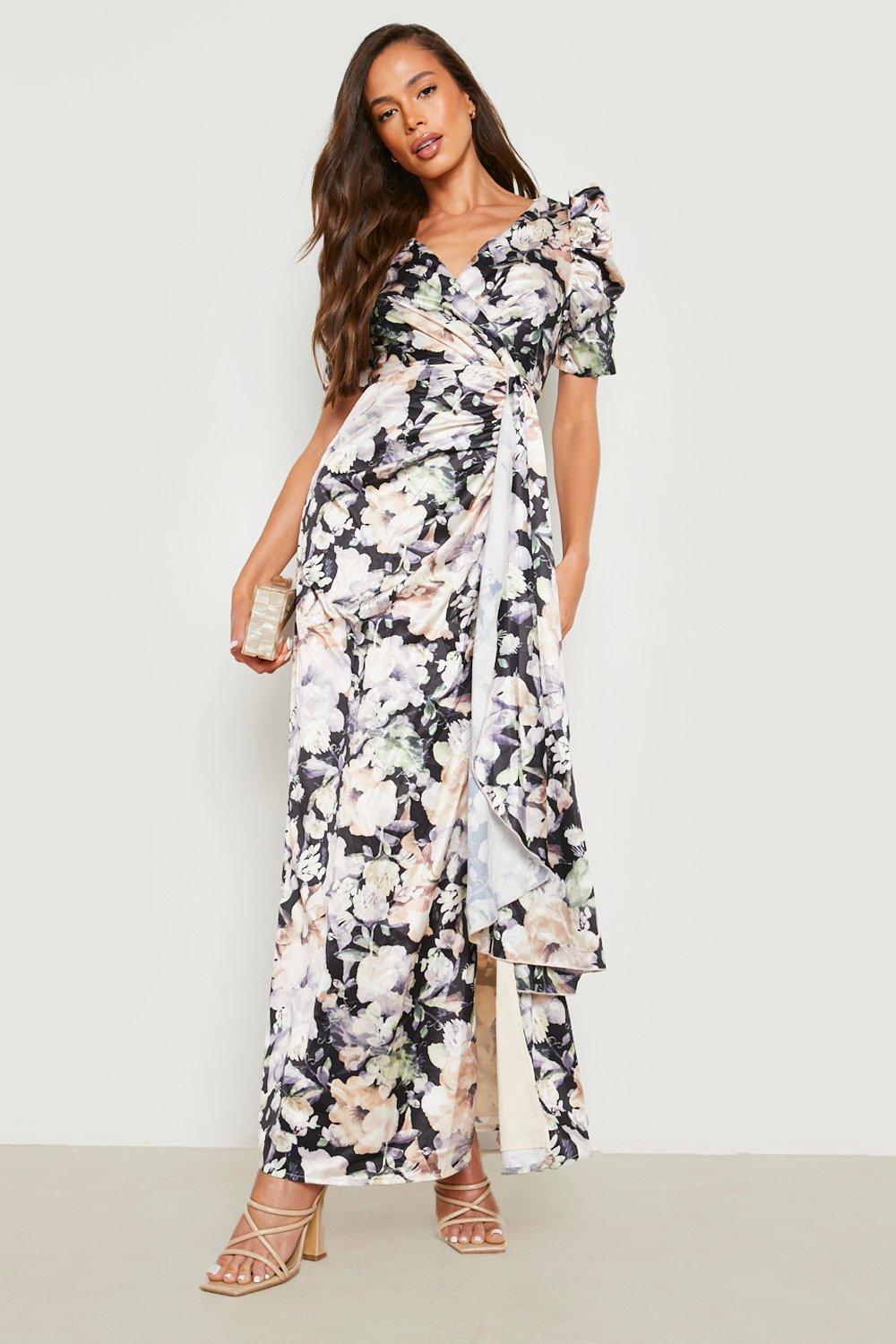 Floral Satin Puff Sleeve Wrap Maxi Dress
