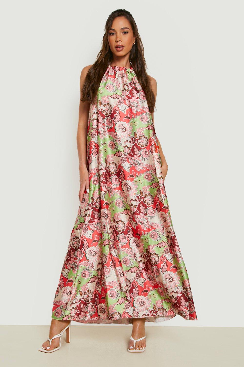 Floral Satin Tie Strap Maxi Dress