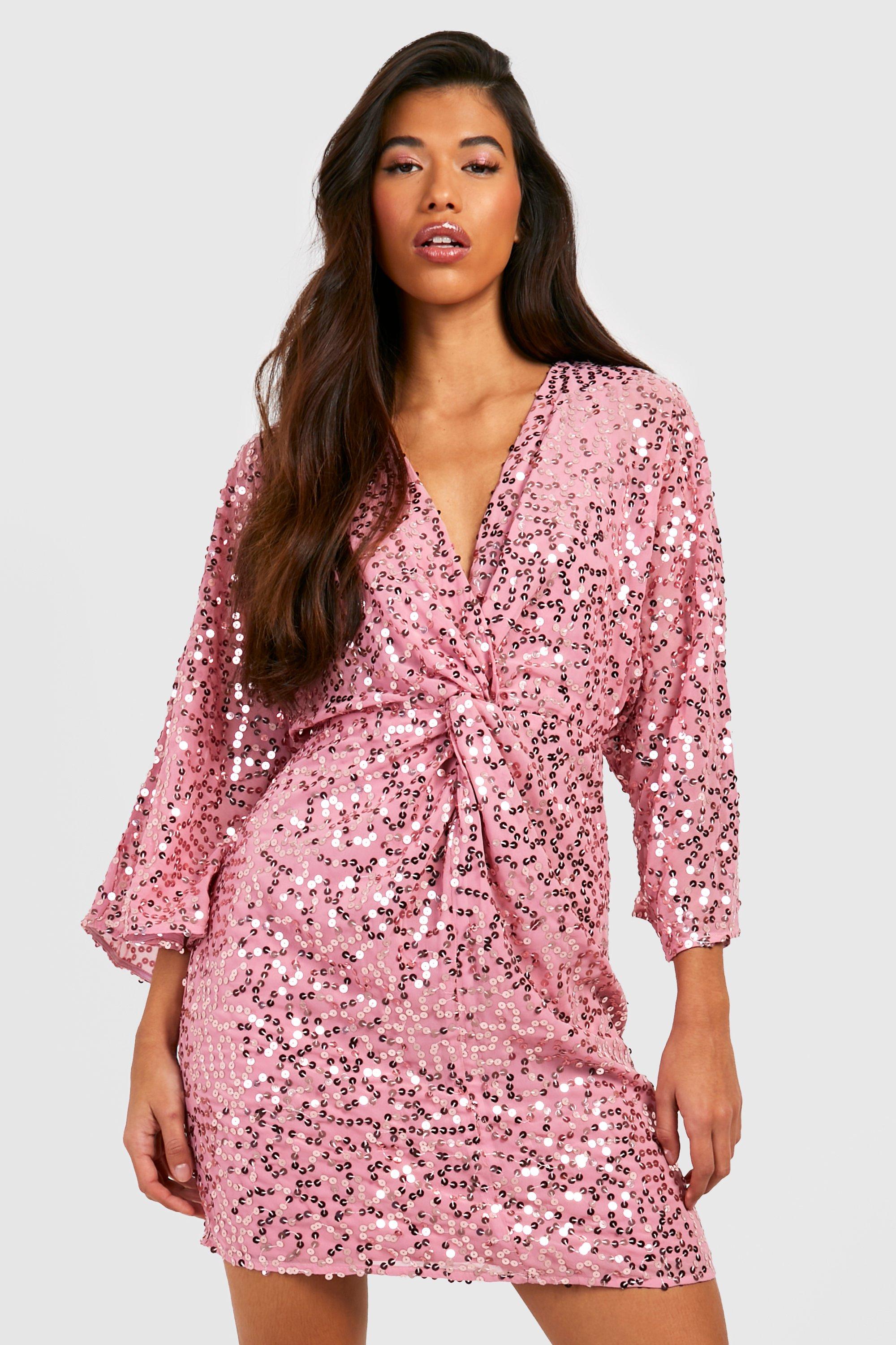 Tall Angel Sleeve Knot Front Sequin Dress
