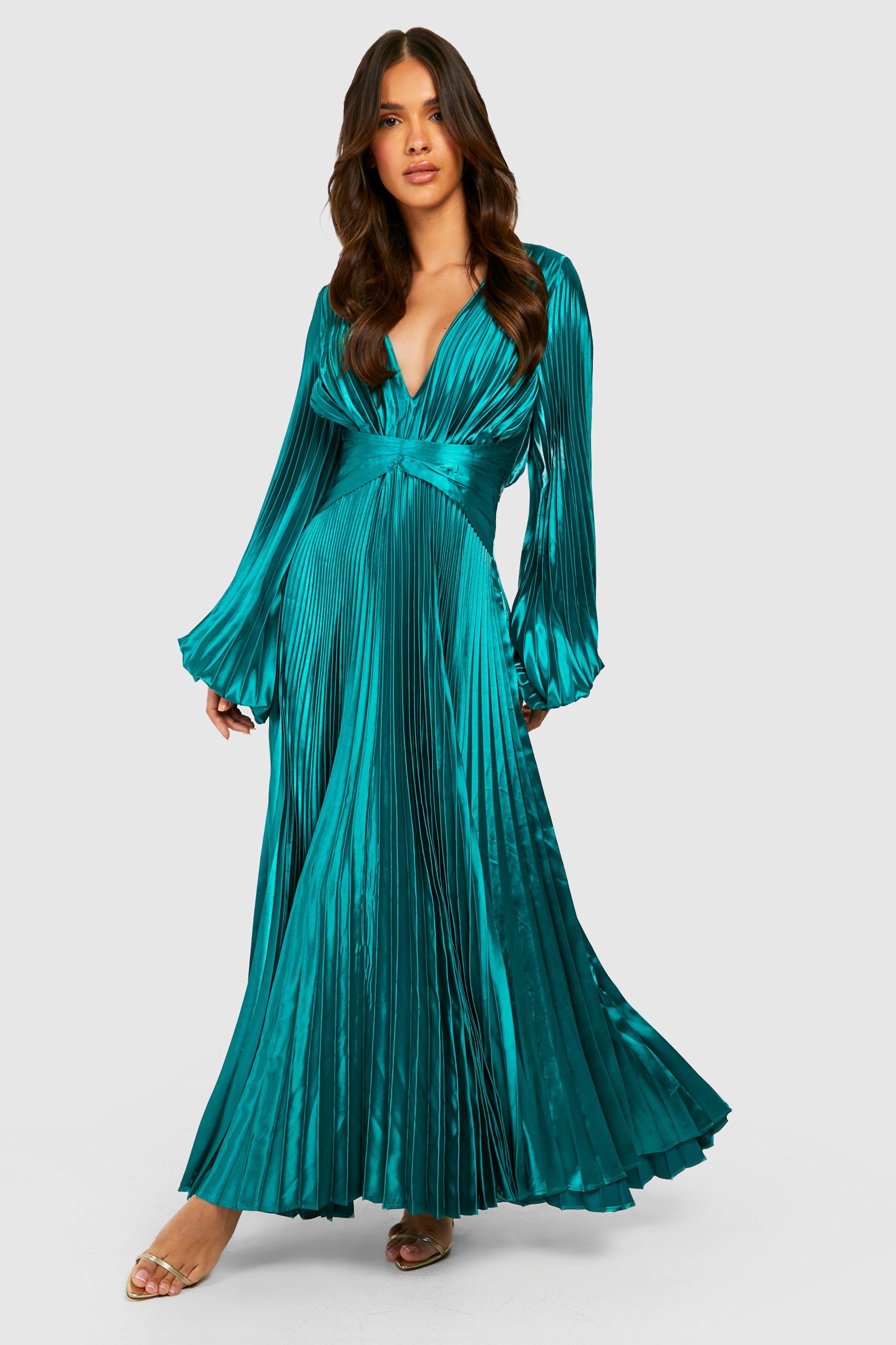 Pleated Satin Oversized Sleeve Midaxi Dress
