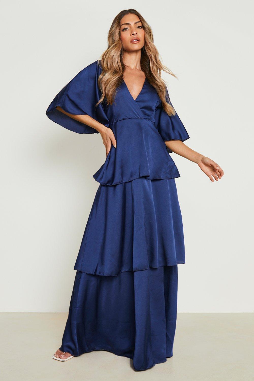 Satin Tiered Maxi Dress With Angel Sleeve