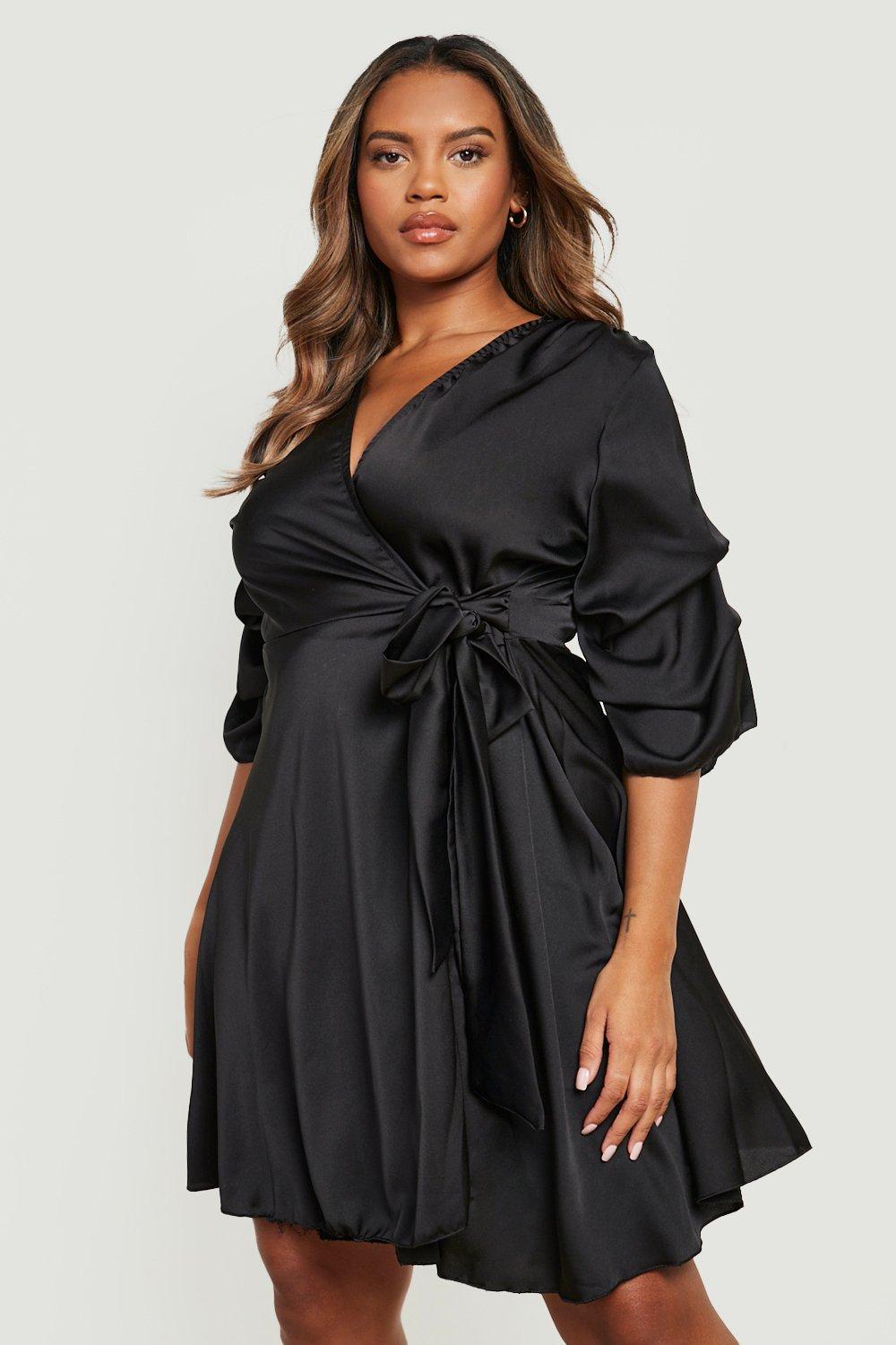 Plus Satin Ruched Sleeve Wrap Dress
