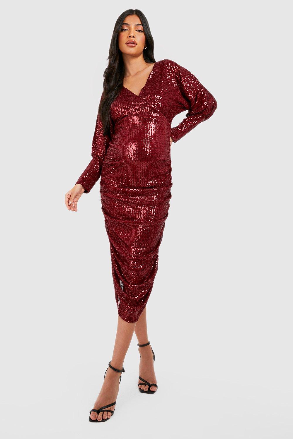 Maternity Sequin Batwing Ruched Midi Dress