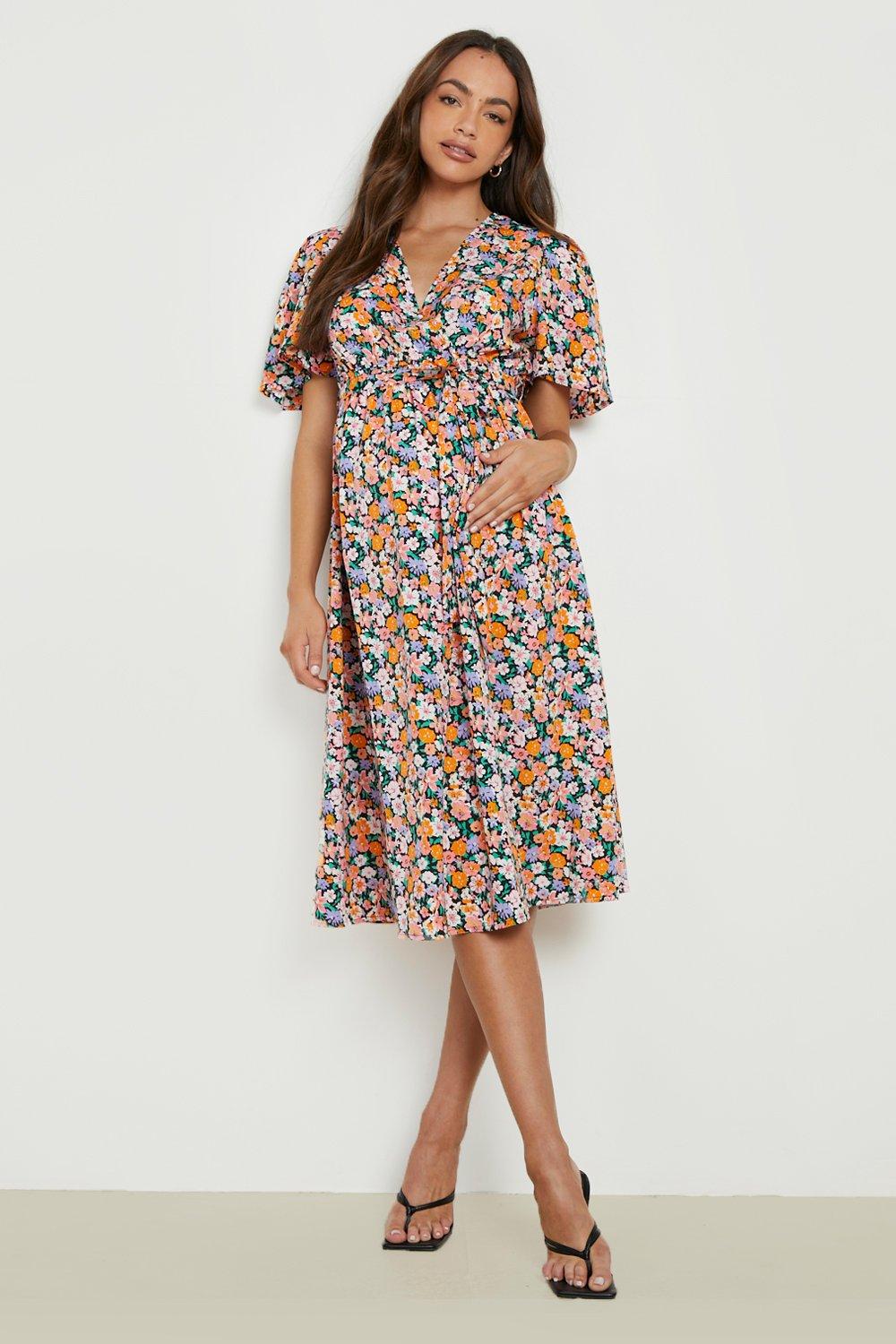 Maternity Floral Wrap Belted Midi Dress