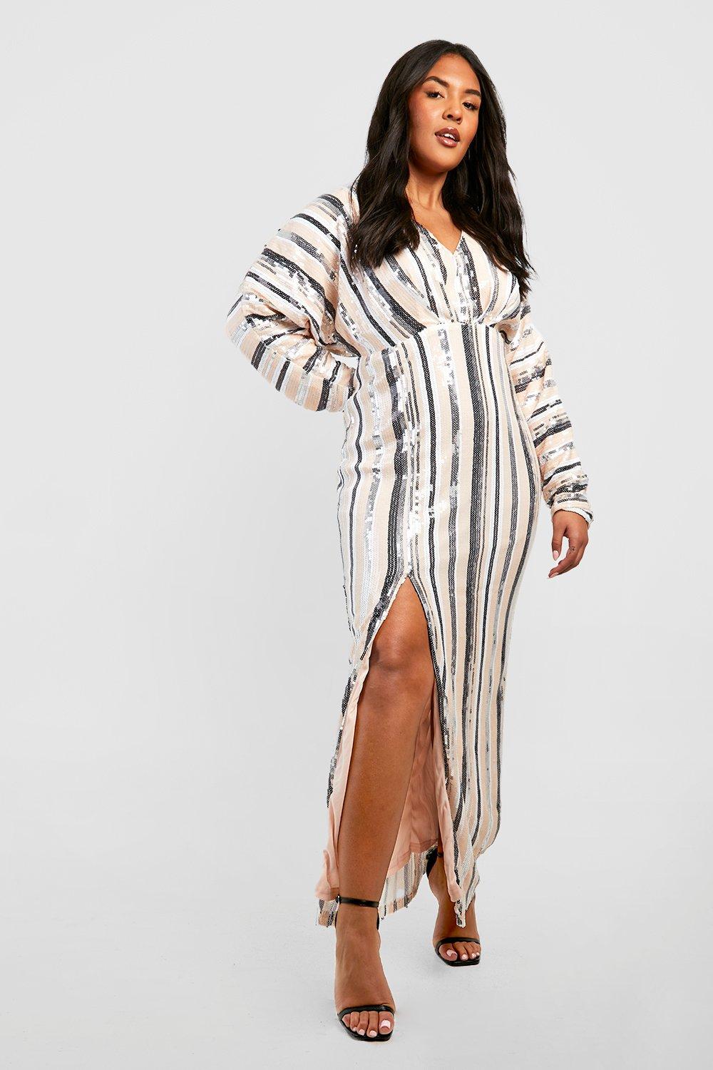 Plus Sequin Stripe Split Maxi Dress