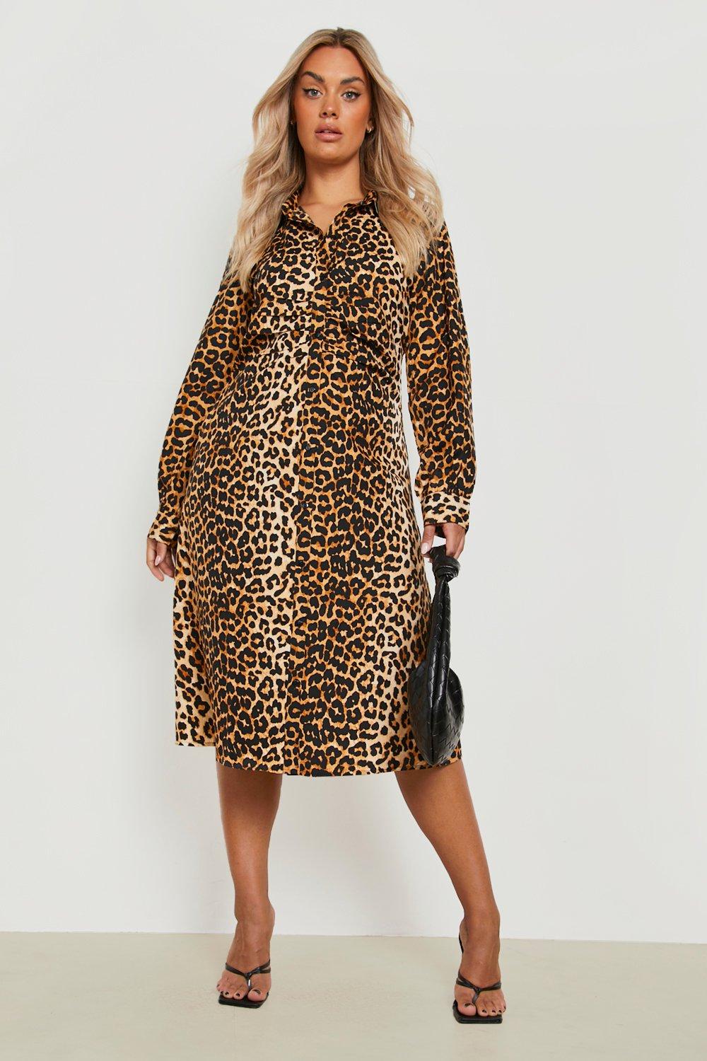 Plus Leopard Print Ruched Midi Shirt Dress