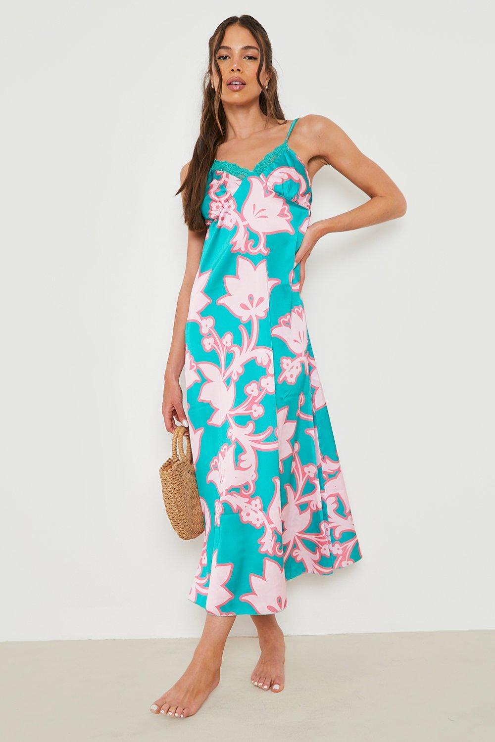 Floral Print Lace Trim Maxi Slip Dress