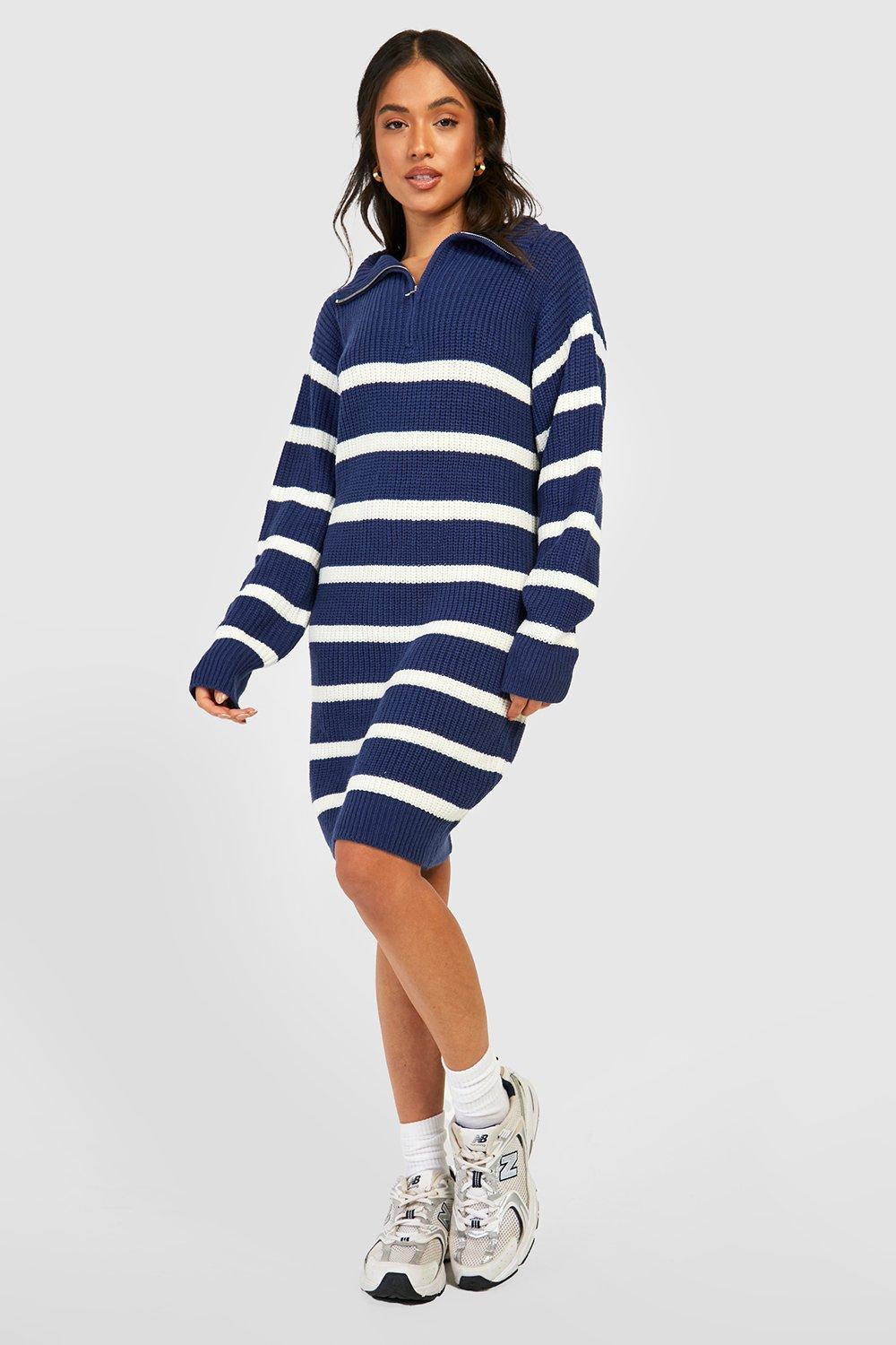 Petite Half Zip Striped Jumper Dress