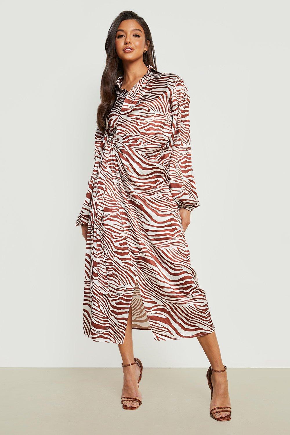 Zebra Print Satin Wrap Shirt Dress