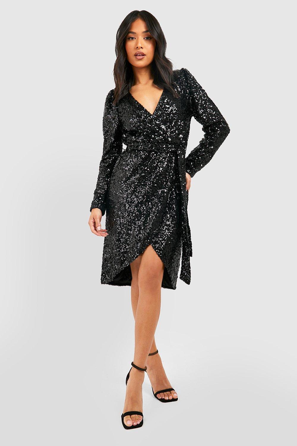 Petite Sequin Puff Sleeve Belted Midi Dress