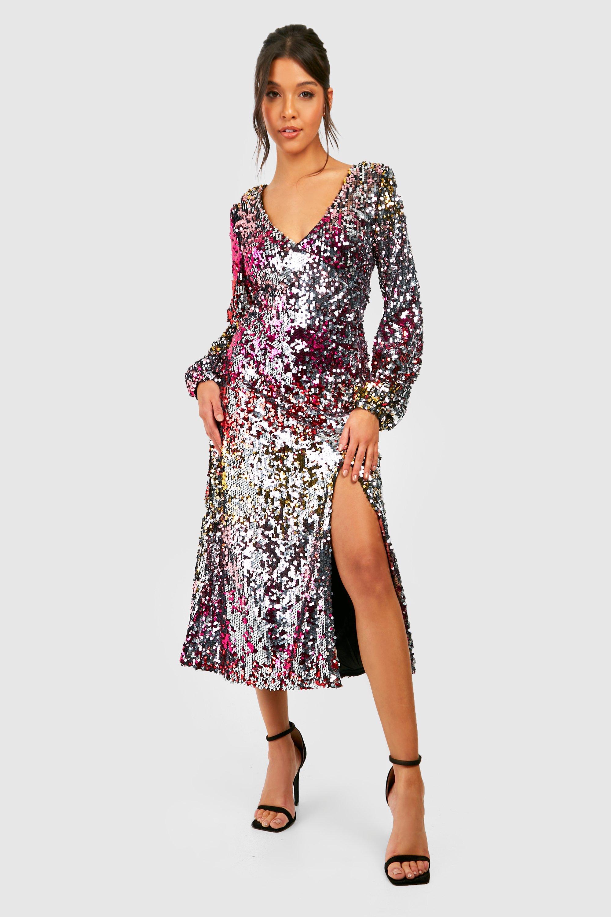Ombre Sequin Split Plunge Midaxi Party Dress