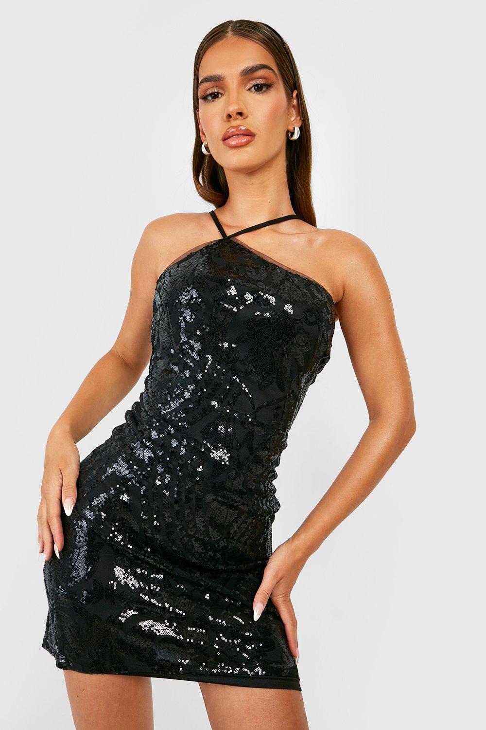 Sequin Damask Strappy Asymmetric Mini Party Dress