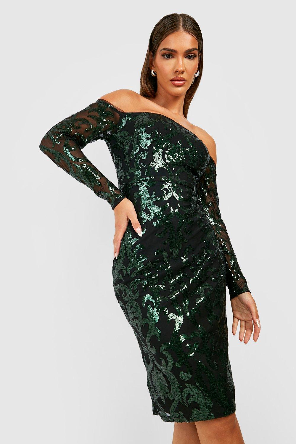 Sequin Damask Bardot Midi Party Dress
