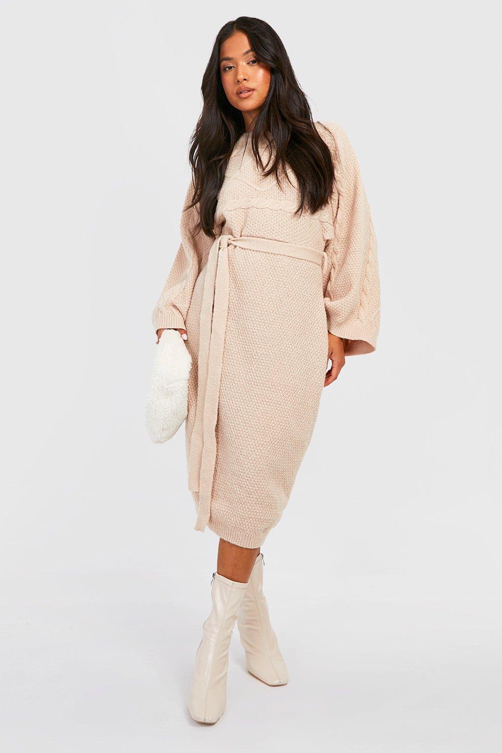 Petite Cable Knit Batwing Belted Jumper Dress