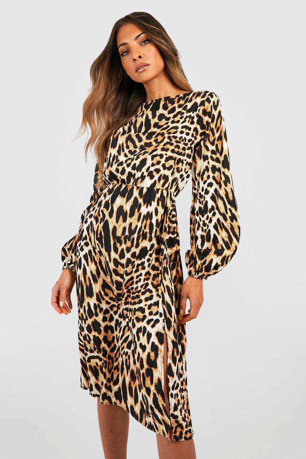 Leopard Split Hem Midi Smock Dress