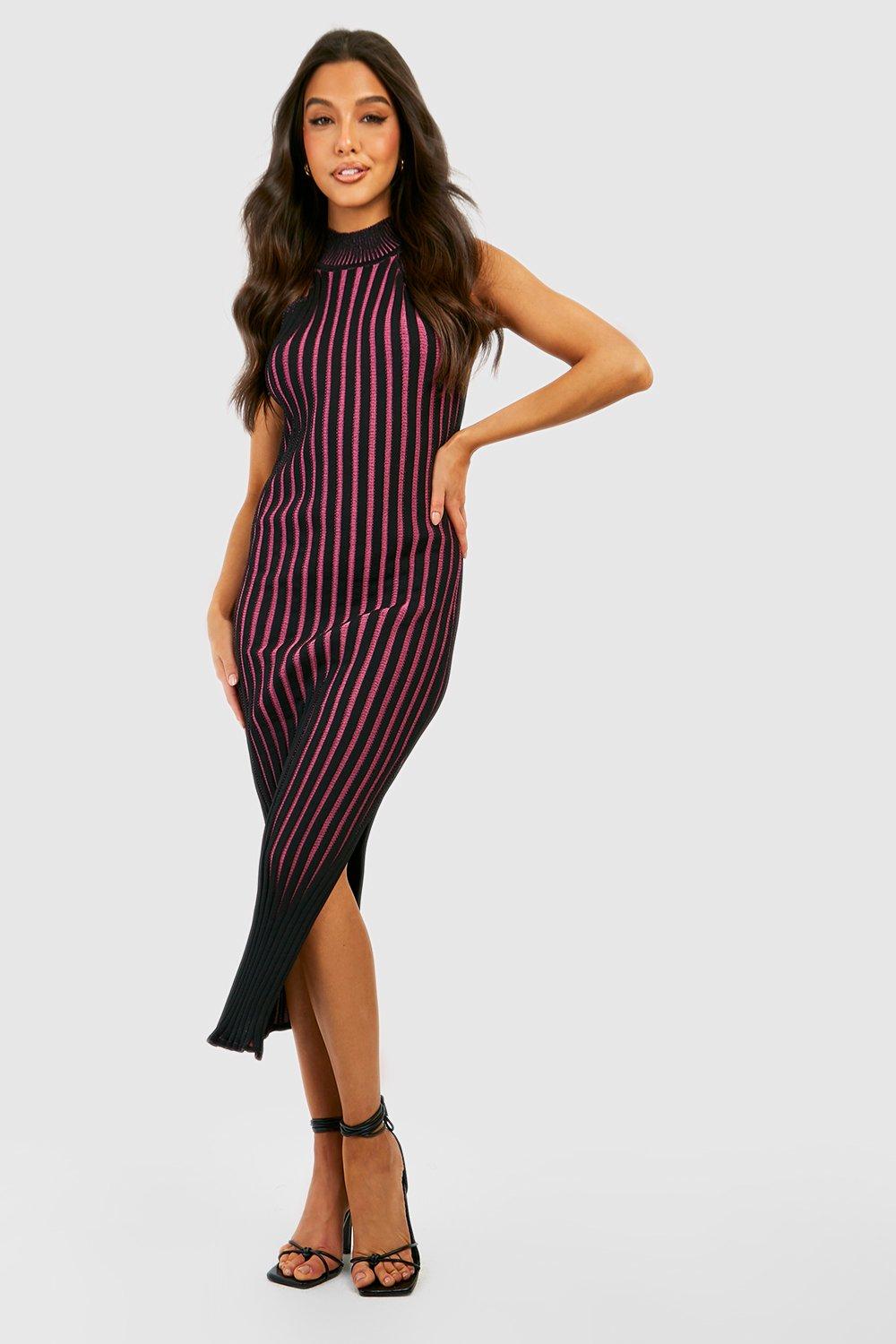 Two Tone Contrast Rib Knitted Midaxi Dress
