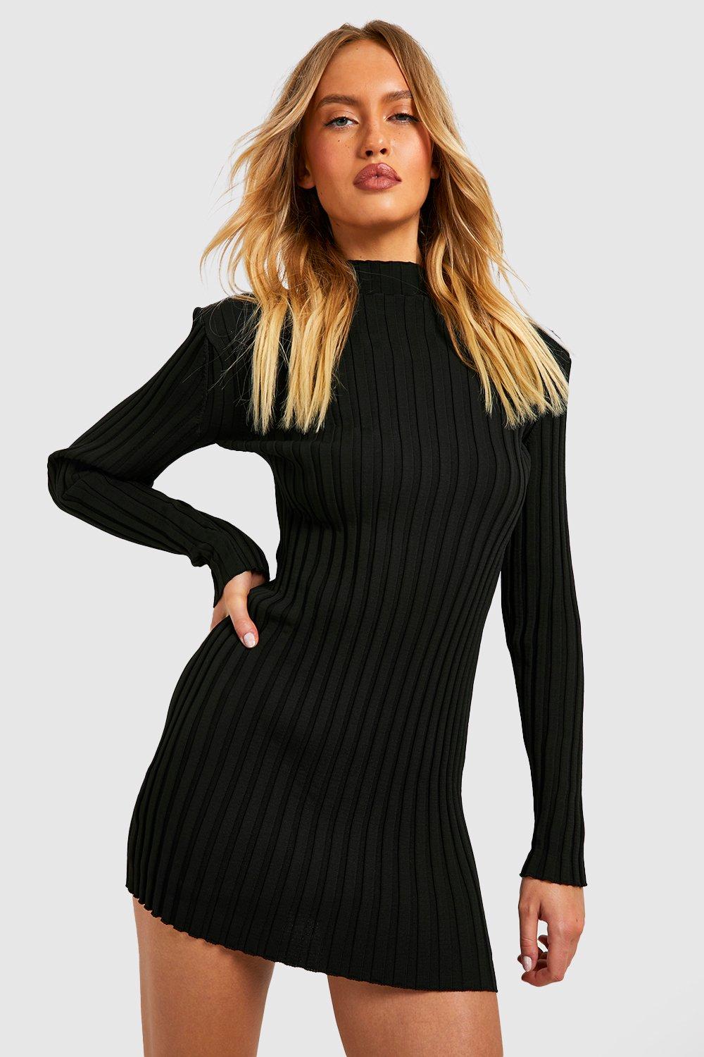 Two Tone Wide Rib Shoulder Pad Knitted Dress