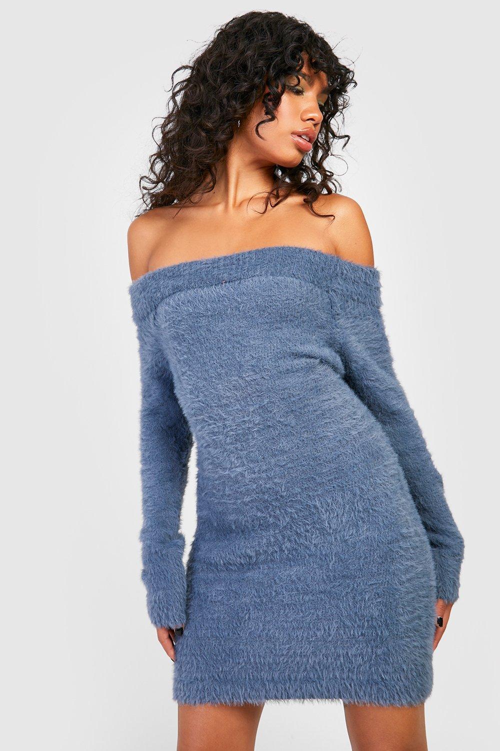 Off The Shoulder Fluffy Knitted Mini Dress