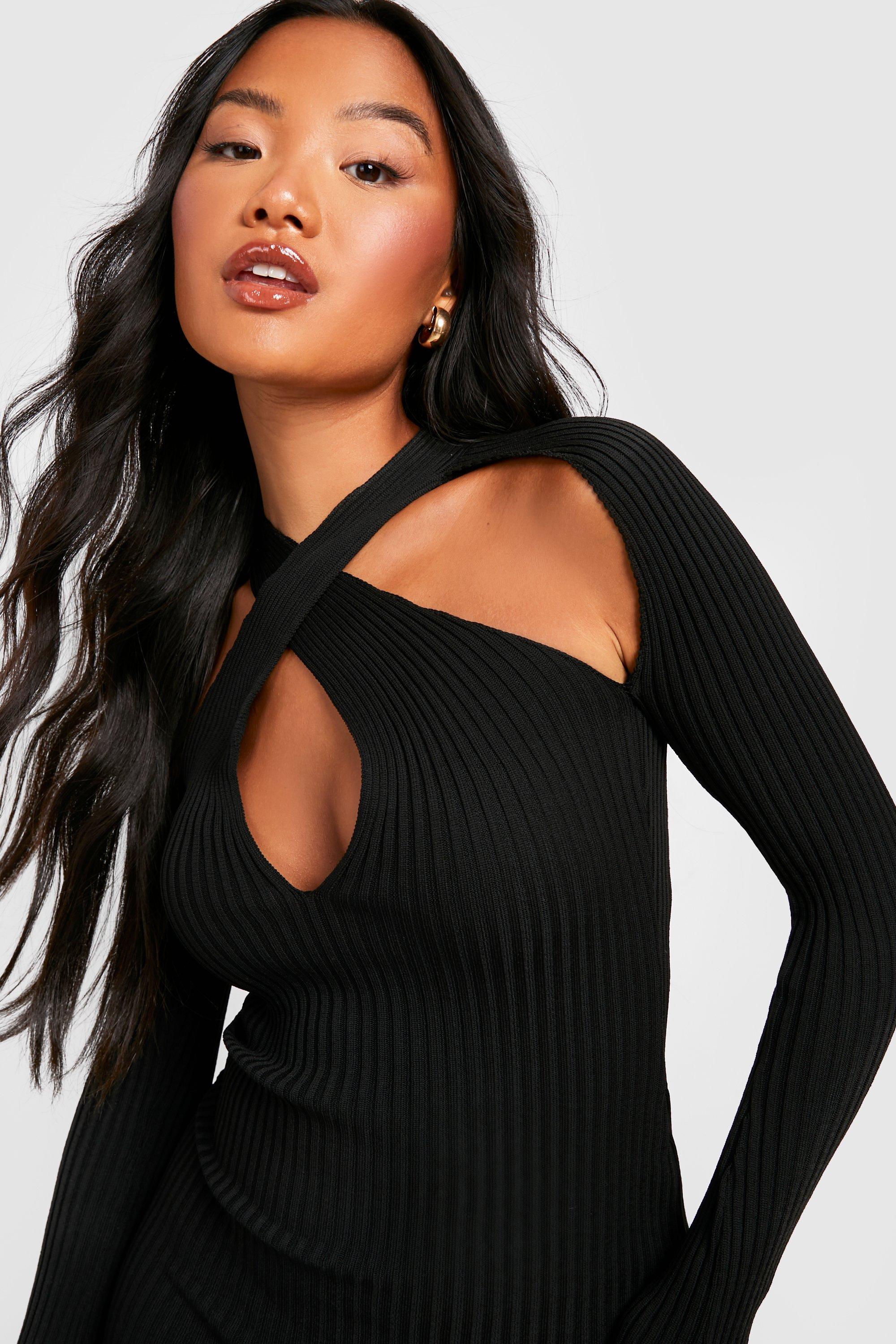 Petite Cut Out Long Sleeve Knitted Midi Dress