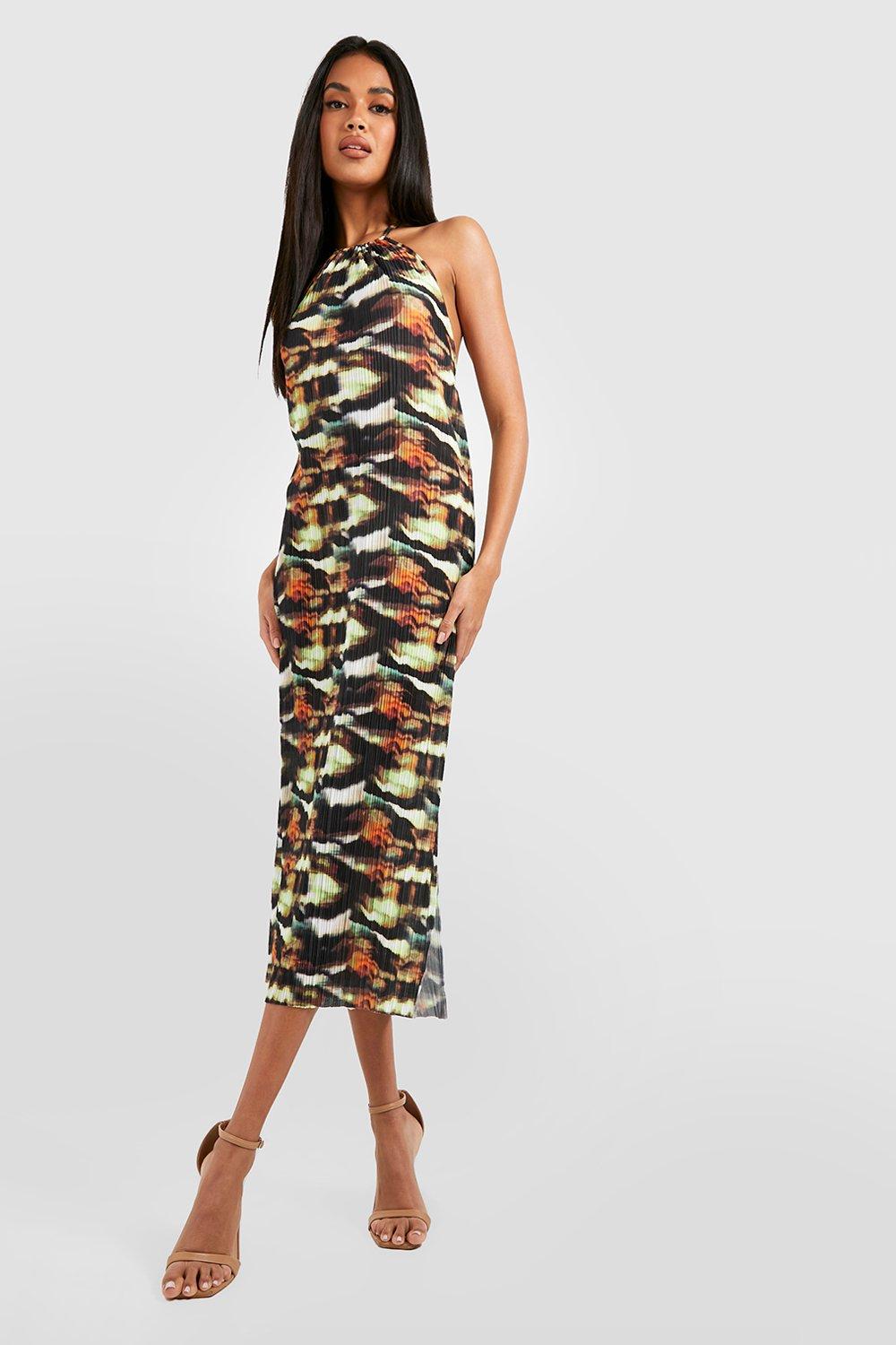 Abstract Printed Plisse Maxi Dress