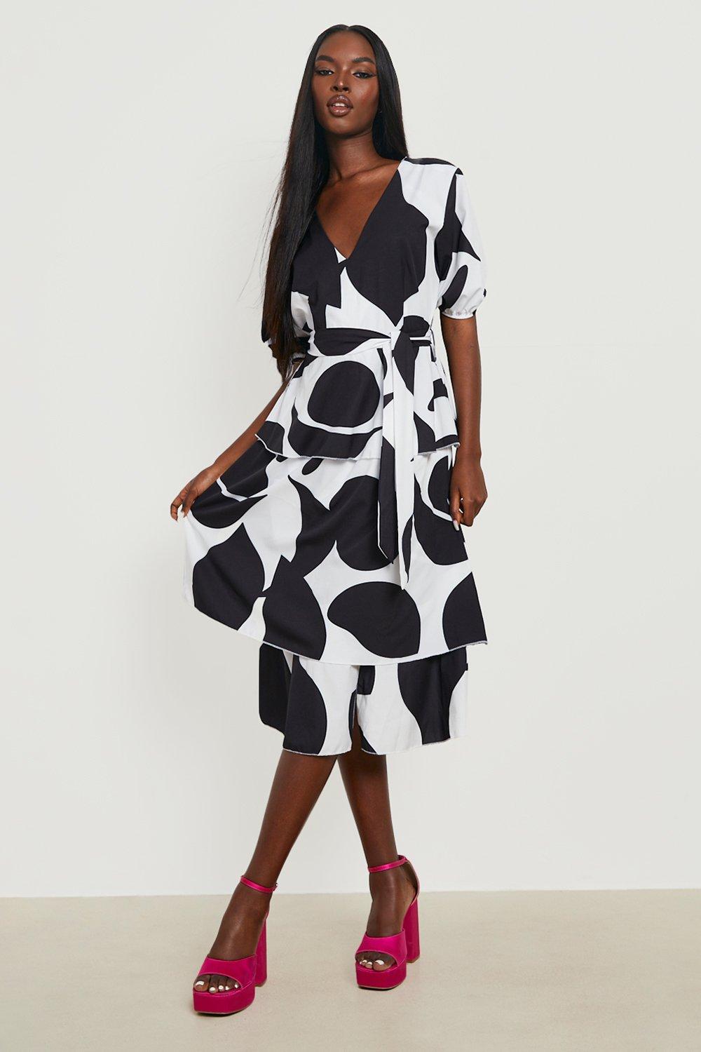 Abstract Printed Belted Tiered Midi Dress