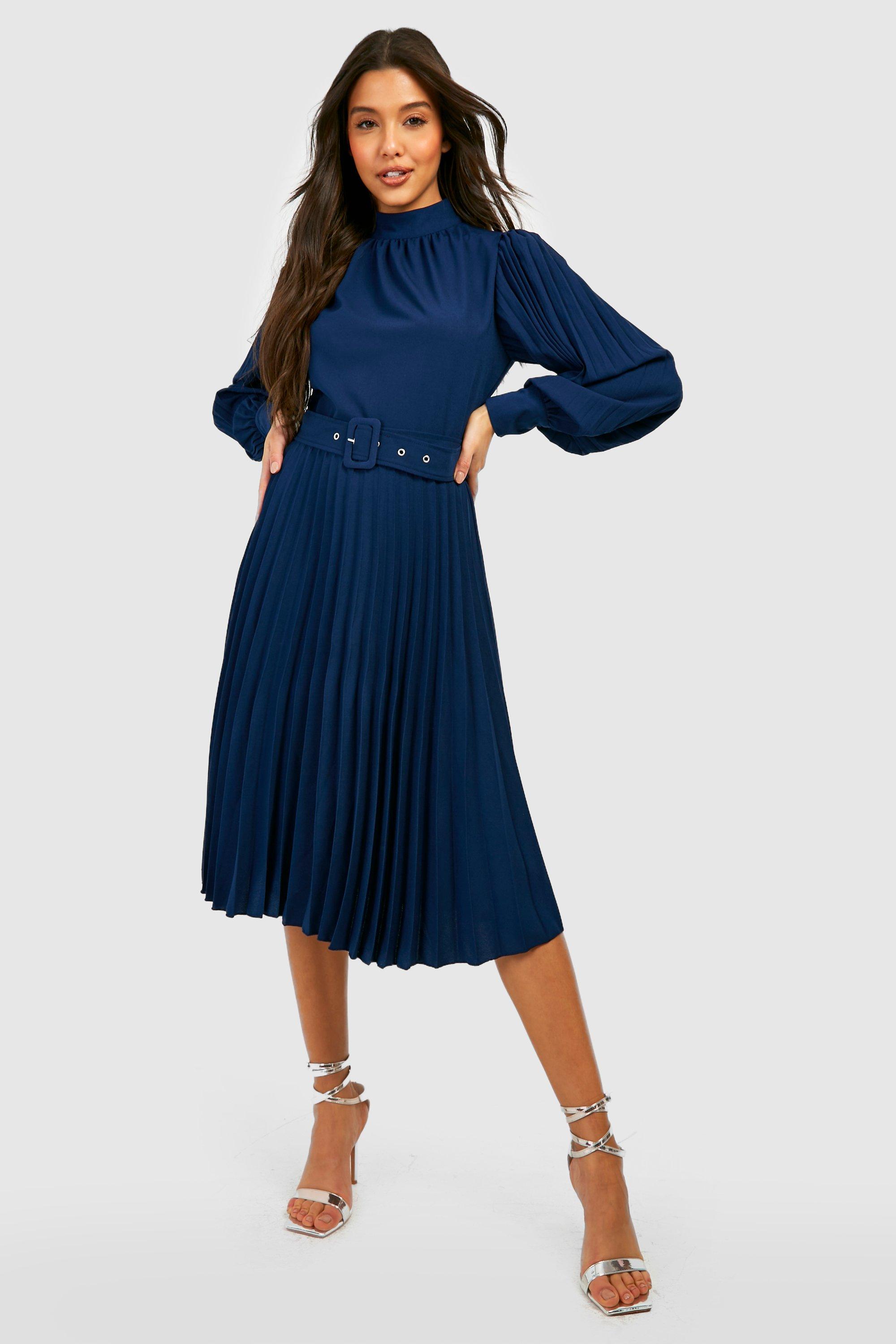 Pleated High Neck Belted Midi Dress