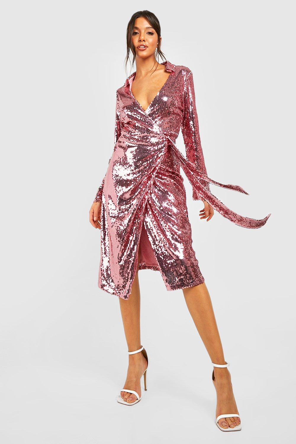 Sequin Midi Shirt Wrap Party Dress