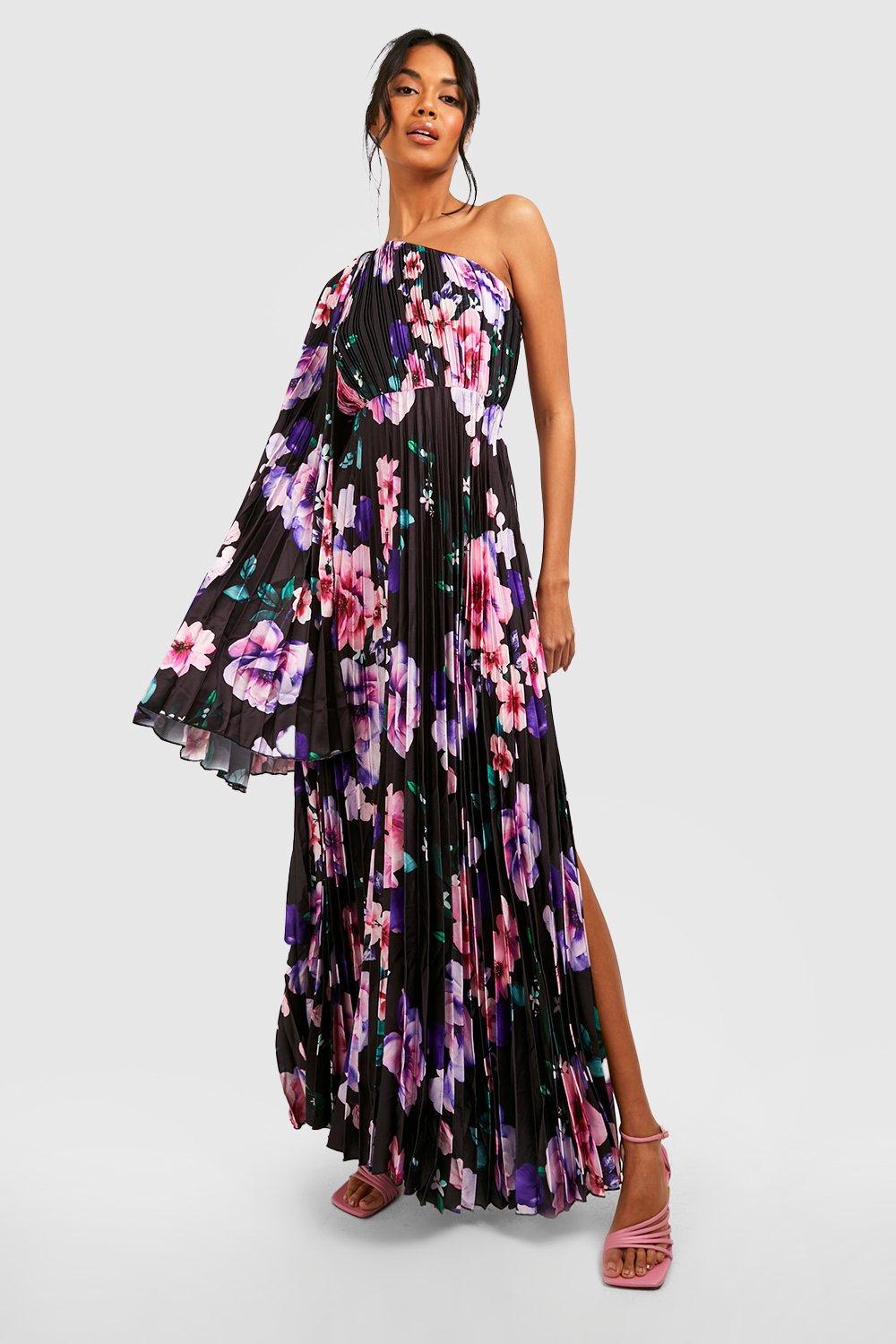Pleated Floral Satin Asymmetric Maxi Dress