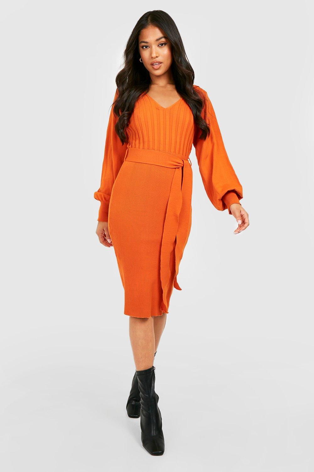 Petite Soft Knit Belted Puff Sleeve Dress