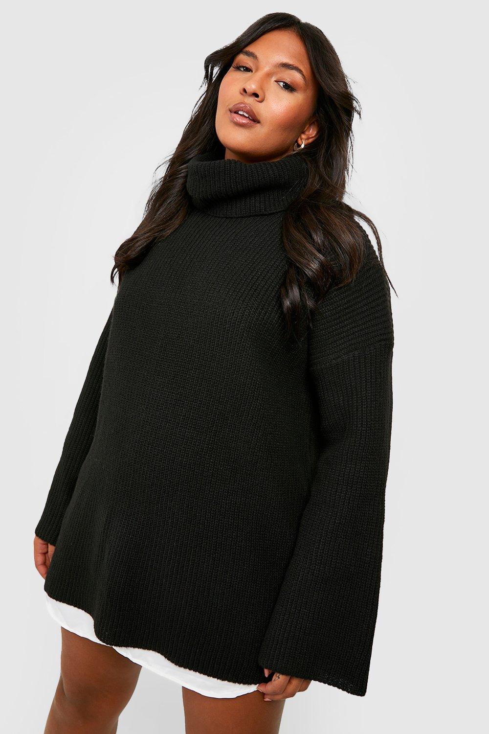 Plus Chunky Knit Roll Neck 2 In 1 Shirt Dress