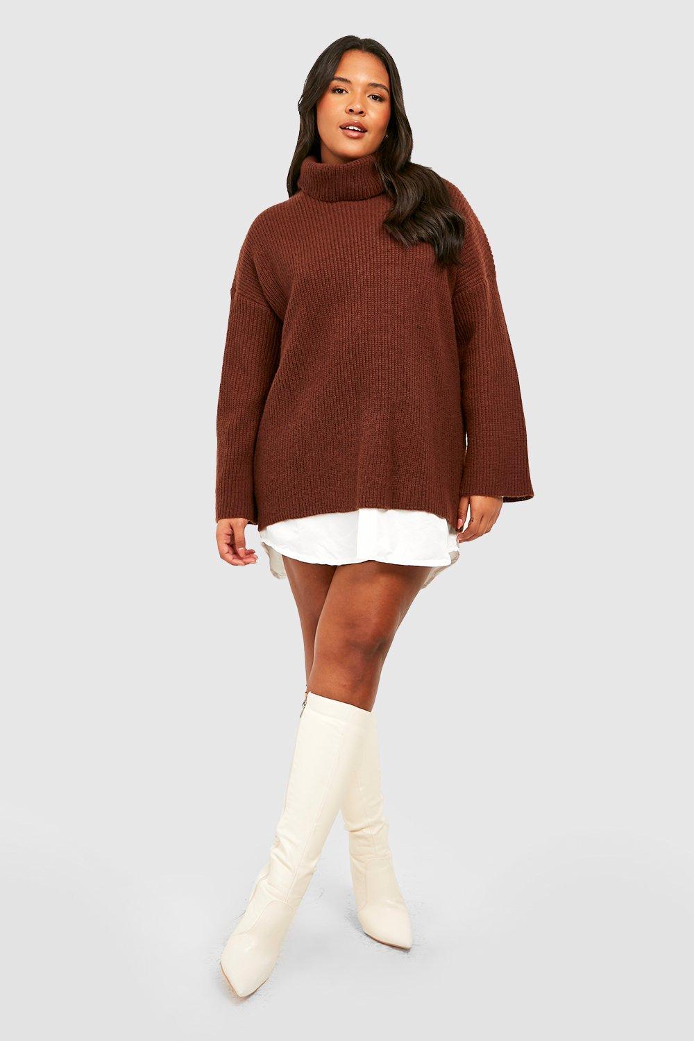 Plus Chunky Knit Roll Neck 2 In 1 Shirt Dress