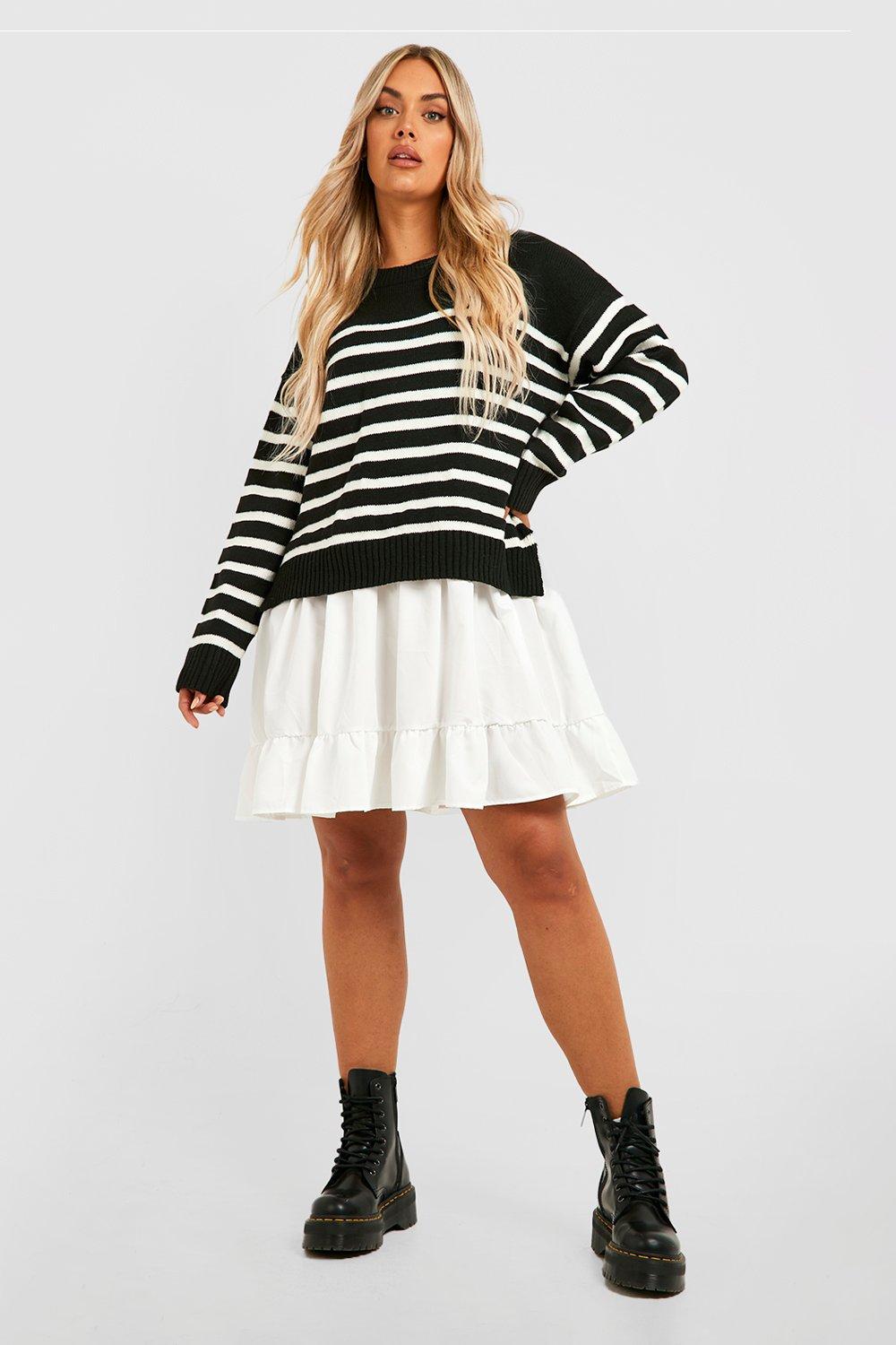 Plus Knitted Stripe Jumper 2 In 1 Shirt Dress