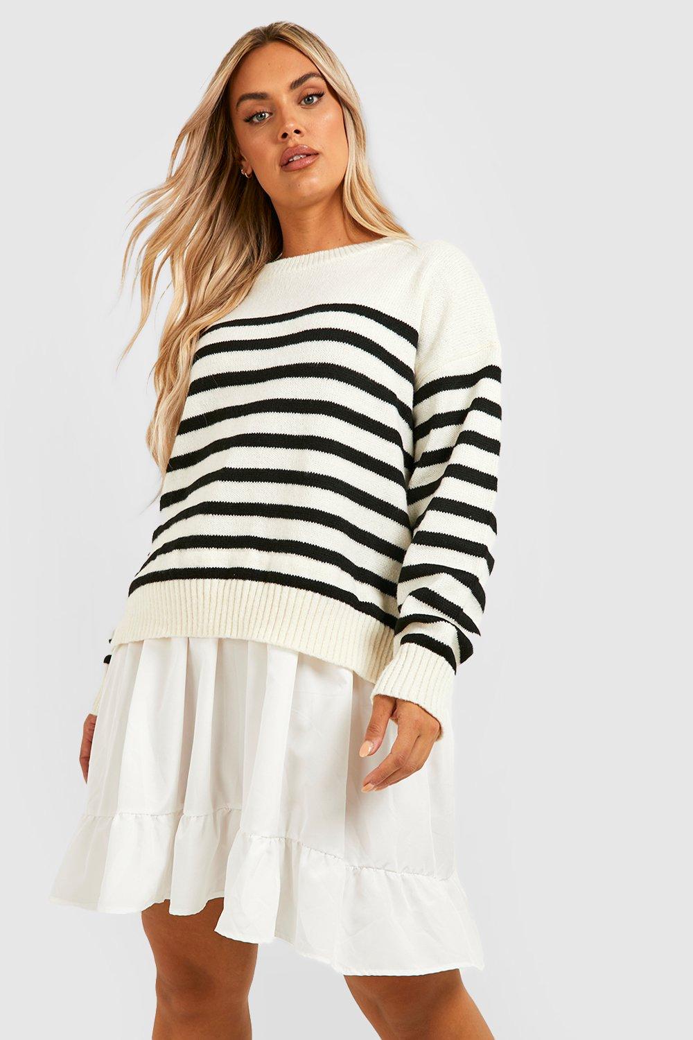 Plus Knitted Stripe Jumper 2 In 1 Shirt Dress