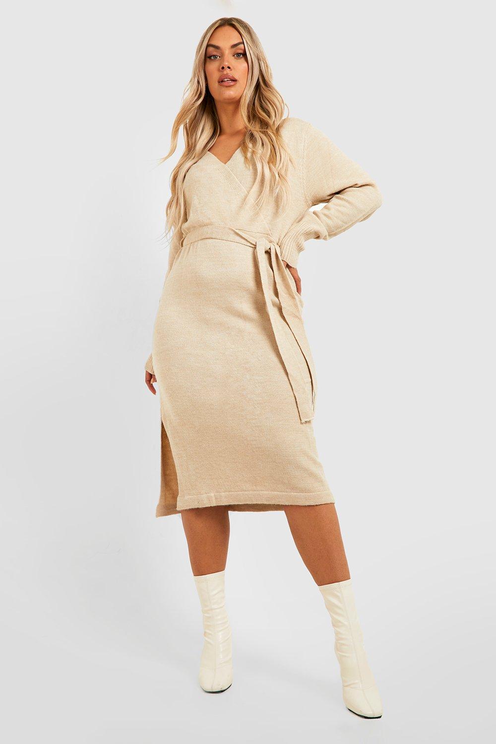 Plus Belted Knitted Wrap Midi Dress