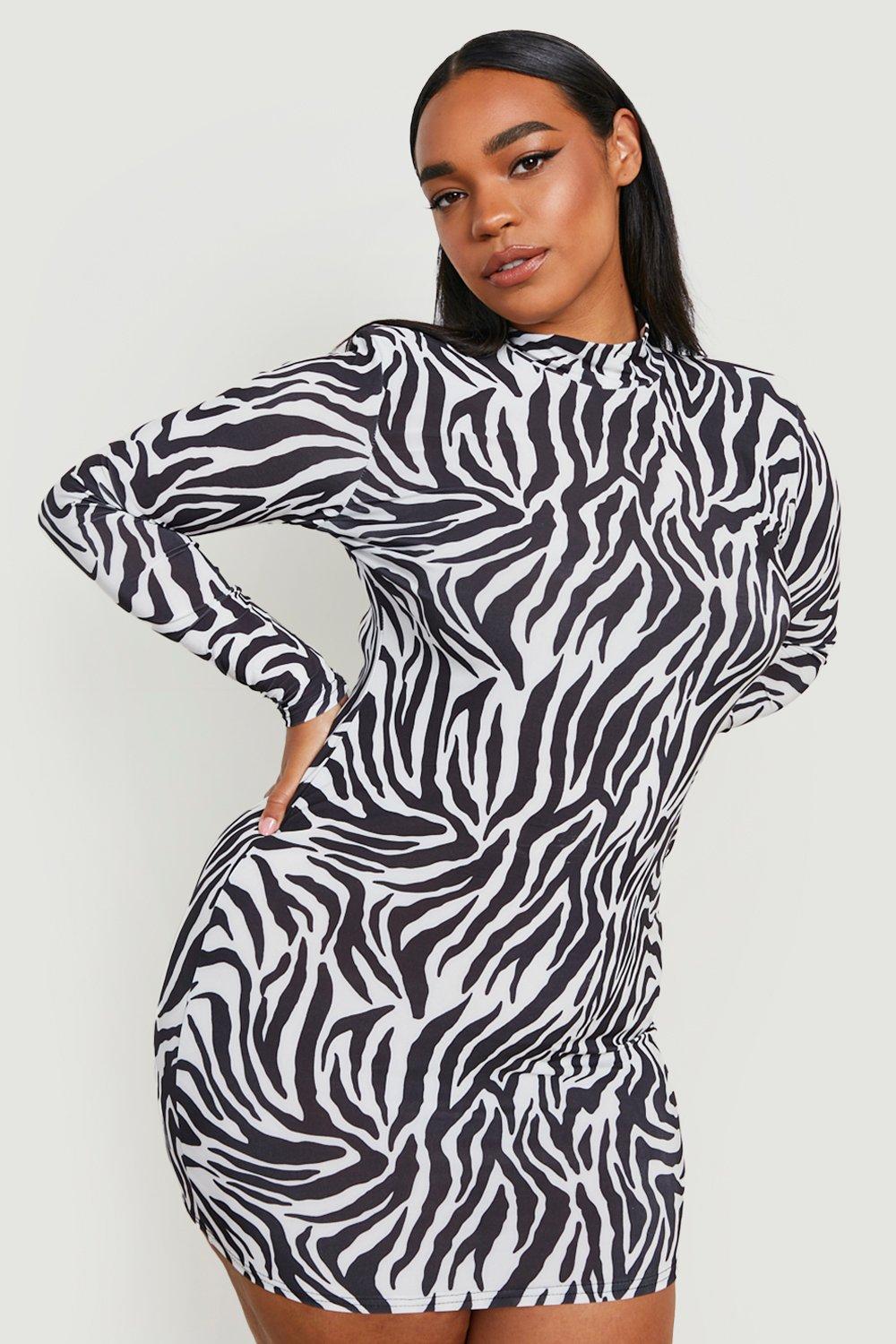 Plus Zebra Slinky Shoulder Pad Bodycon Dress