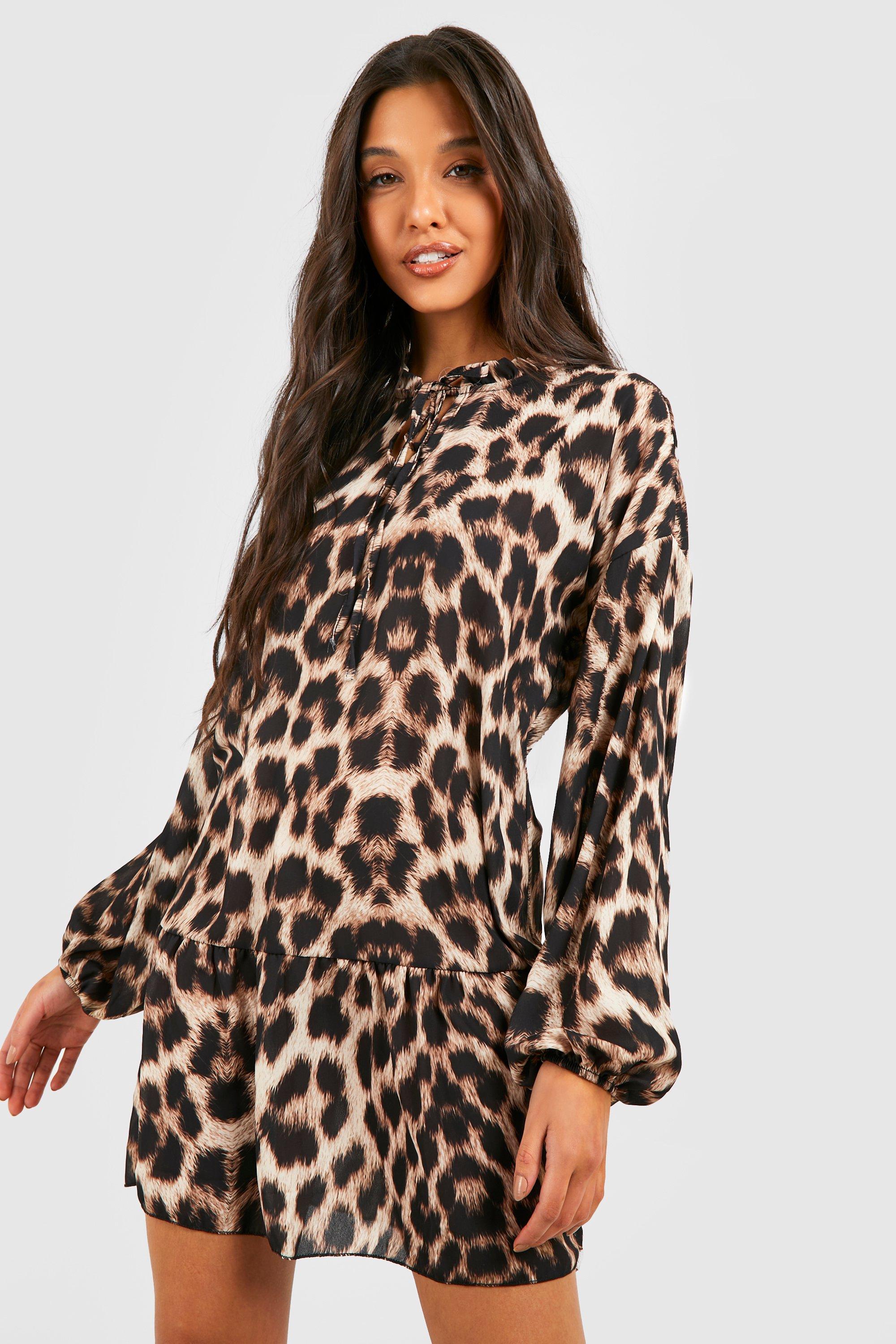 Leopard Blouson Sleeve Smock Dress