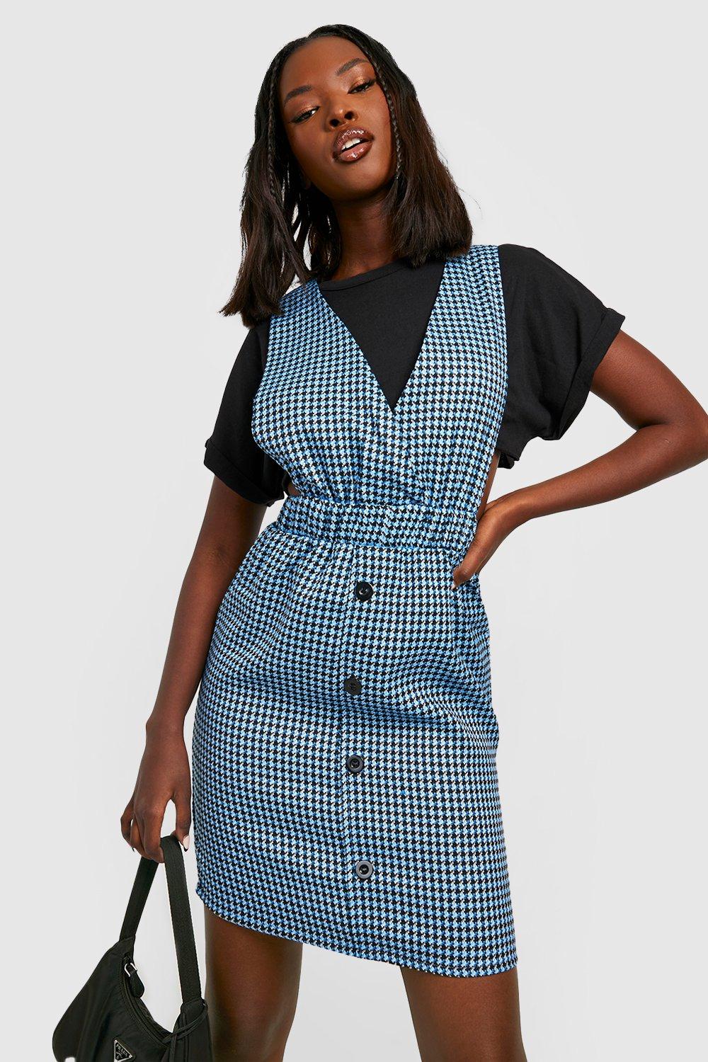 Woven Dogtooth Button Down Pinafore Dress