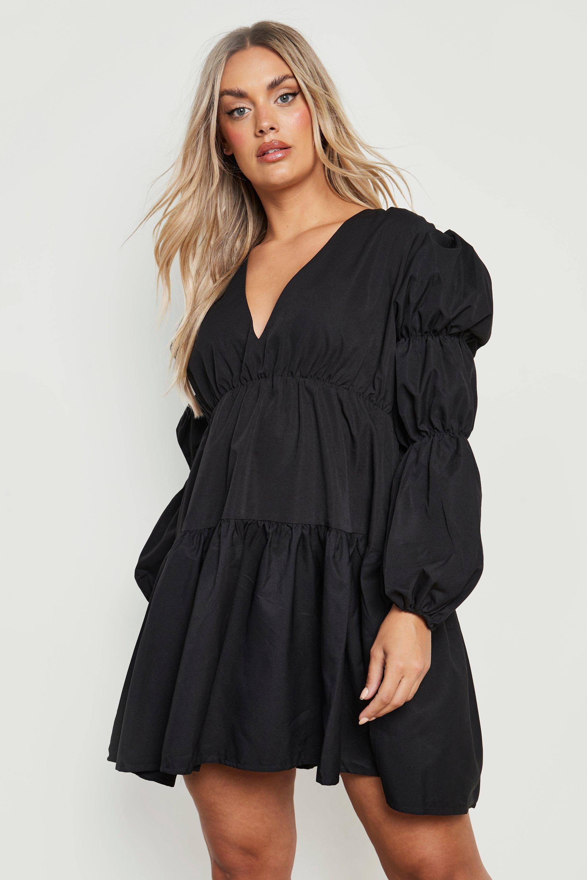 Plus Woven Tiered V Neck Smock Dress